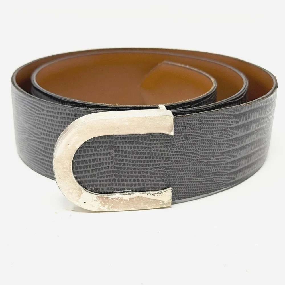 Cipriani Gray/Black Lizard Grain Leather Belt Silver Horseshoe Buckle Spain M